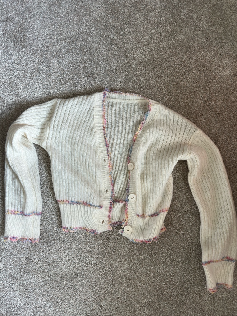 SHEIN Cream Ribbed Cardigan with Rainbow Trim